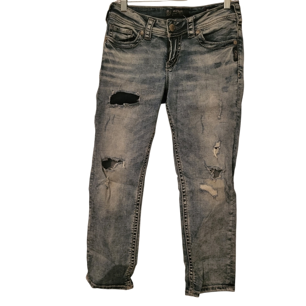 Silver Suki Mid Capri Distructed Denim Jeans Blue sz 28